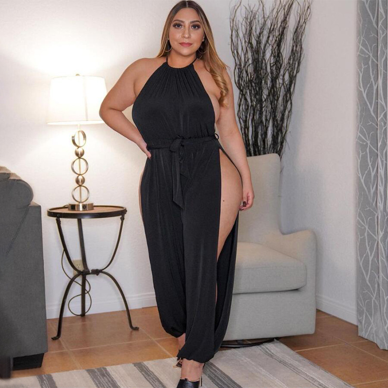 plus size slit wide-leg lace-up sleeveless solid color jumpsuit NSLNW122664