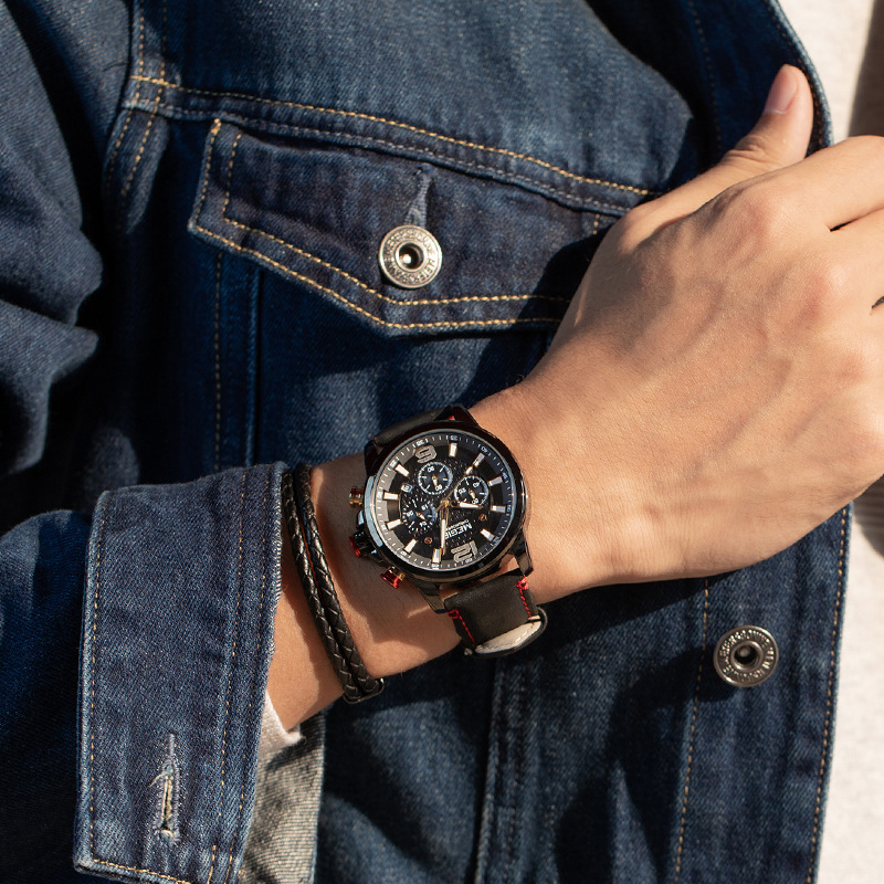 新品美格尔MEGIR男士 手表多功能计时真皮运动石英表一件代发2156