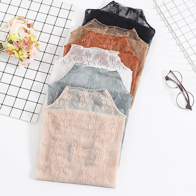 2020秋季新款薄款半高领长袖修身显瘦性感半透蕾丝打底衫女上衣|ms