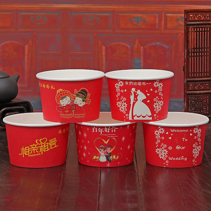 婚庆用品批发 结婚喜宴红碗 婚礼加厚一次性纸碗 喜庆喜碗 20只装