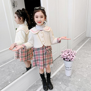 2020秋季新款女童中大童韩版格子呢子两件套韩版儿童裙+外套套装