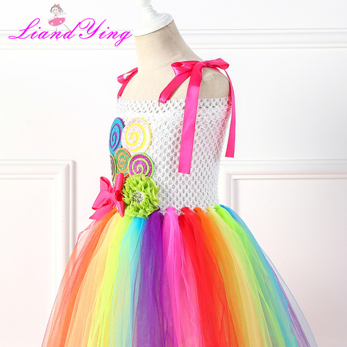 Children's Lollipop Dress, Mesh Tulle Tutu Skirt – Candy-Colored Rainbow Design for New Year’s Day Performance & Dance Wear, Girls’ Formal Gown