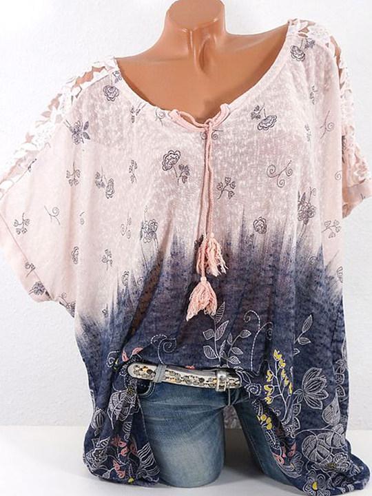 Tie Collar Patchwork Floral Print Lace Short Sleeve T-shirt
