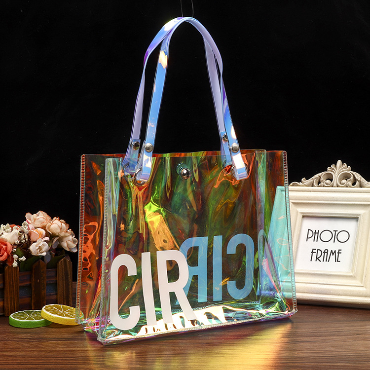 TPU镭射手提袋单肩pvc幻彩透明袋ins网红大容量果冻包购物袋logo