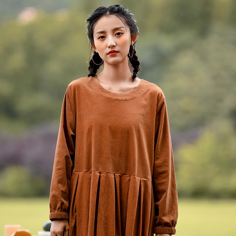 2020秋季女装新款长袖灯芯绒连衣裙纯色宽松大码a字收腰长裙批发