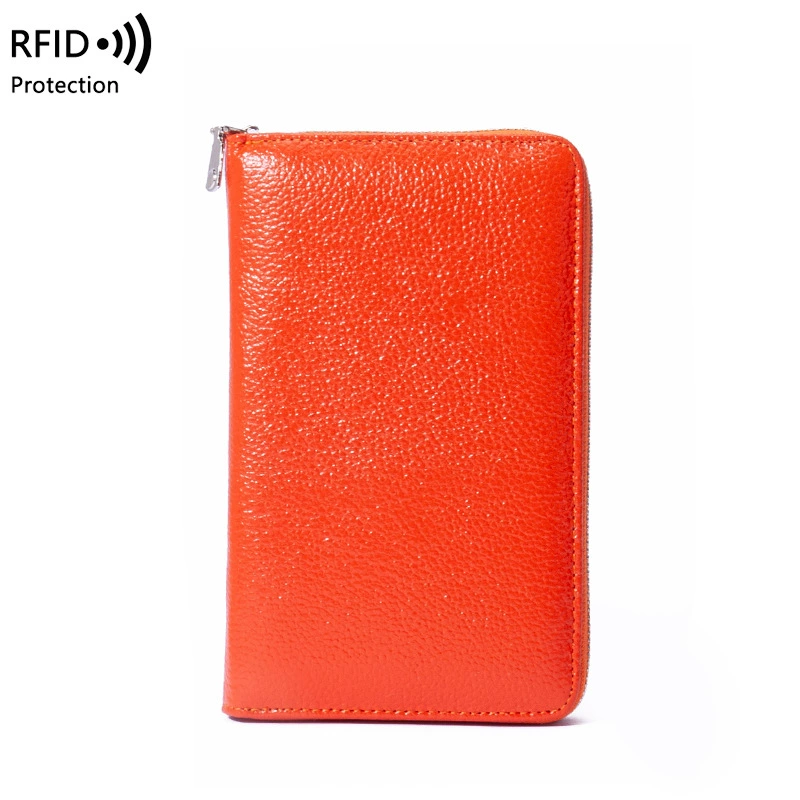 Кожаный паспортник, длинный кошелек из козьей кожи с защитой RFID, молния и цепь