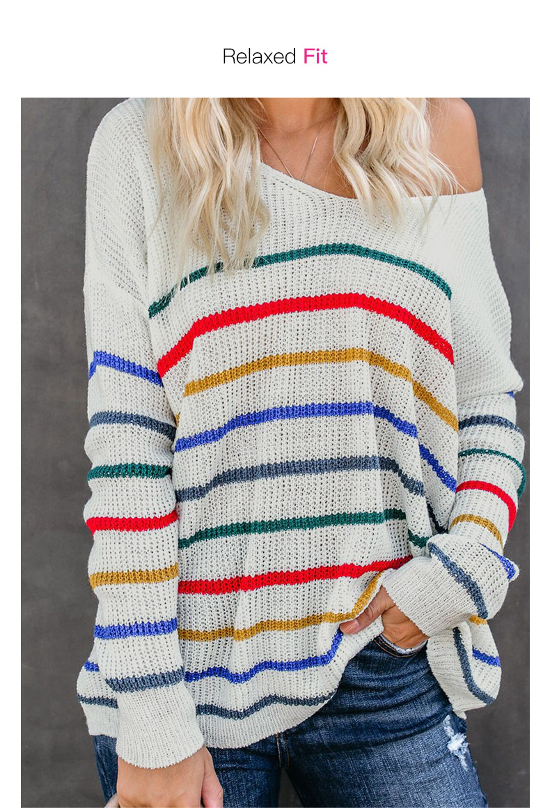 knitted sweater women new color striped loose long-sleeved v-neck ladies pullover NSSI3434