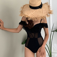 2024 Lotus Collar Transparent Mesh Small Bust Sexy One-Piece Swimsuit Korean New Style One-Shoulder Straps Women's Swimwear