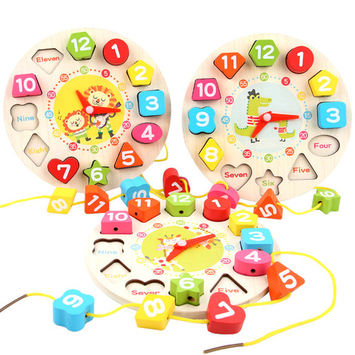 Wooden early education infant beaded clock watch small bead shape cognitive grasping board combination set educational toys