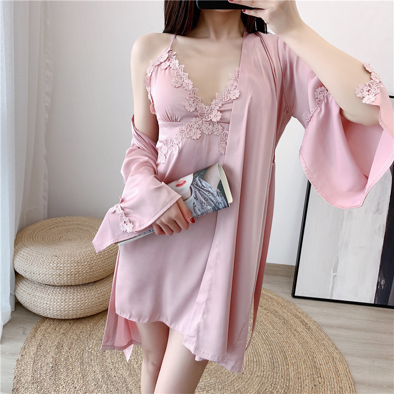 2020新款仿真絲吊帶夏季睡袍浴袍女士性感薄款長袖絲綢帶胸墊睡衣