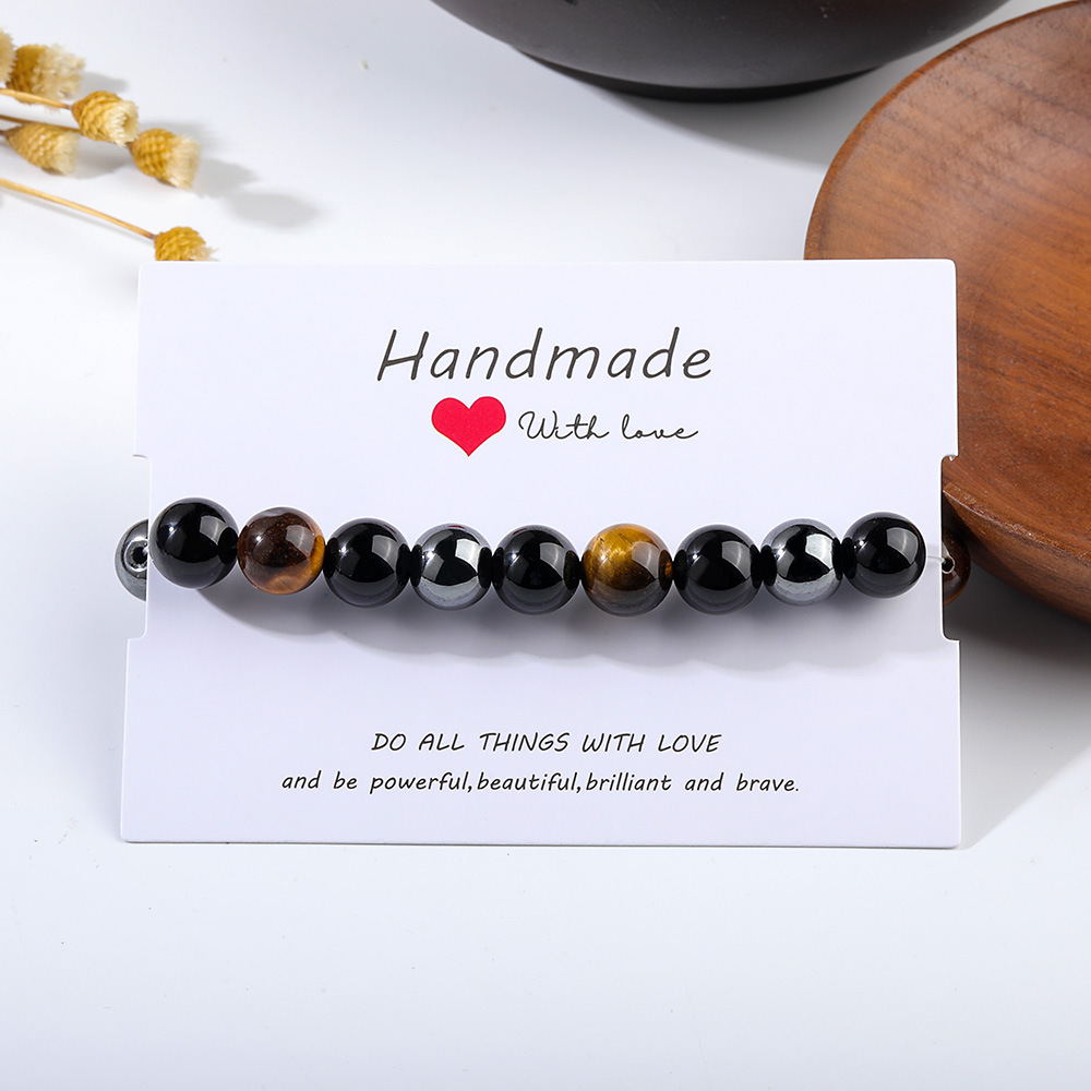 Streetwear Round Natural Stone/Tigereye/Haematite/Iron Ore/Black Glass/Ebony Beaded Men's Bracelets Surgical Gold Plated Jewelry Sets display picture 7