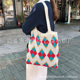 秋冬流行包包女-毛线撞色单肩女包韩版休闲大容量手提购物袋