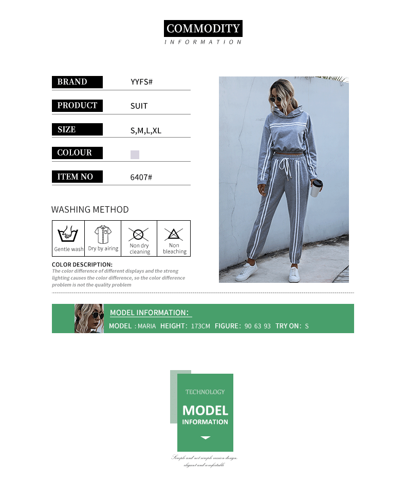 Ensemble à rayures à capuche pour femmes taille haute décontracté sport pull à capuche pantalon ensemble deux pièces_voghion.com