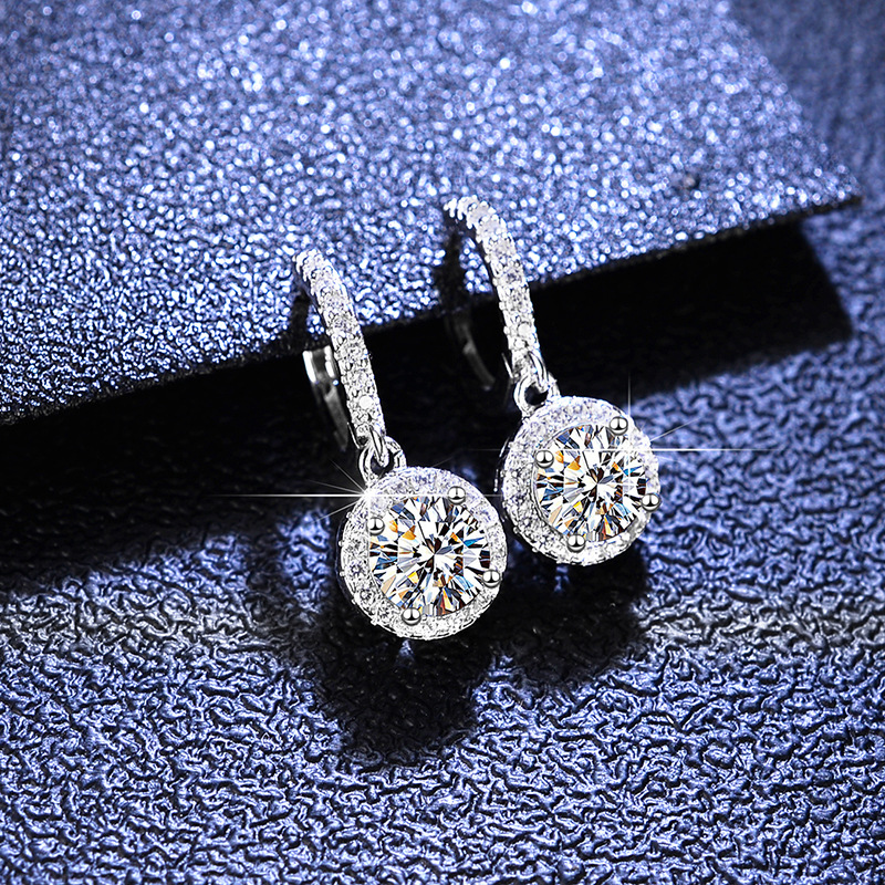 7g Weight Moissanite, Zircon Inlay Material Drop Earrings Classification 1 Pair Quantity 1 Pair 925 Sterling Silver Moissanite Zircon Round Drop Earrings