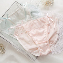 日系淡雅純色條紋棉質波點蕾絲腰邊絲帶蝴蝶結甜美性感內褲