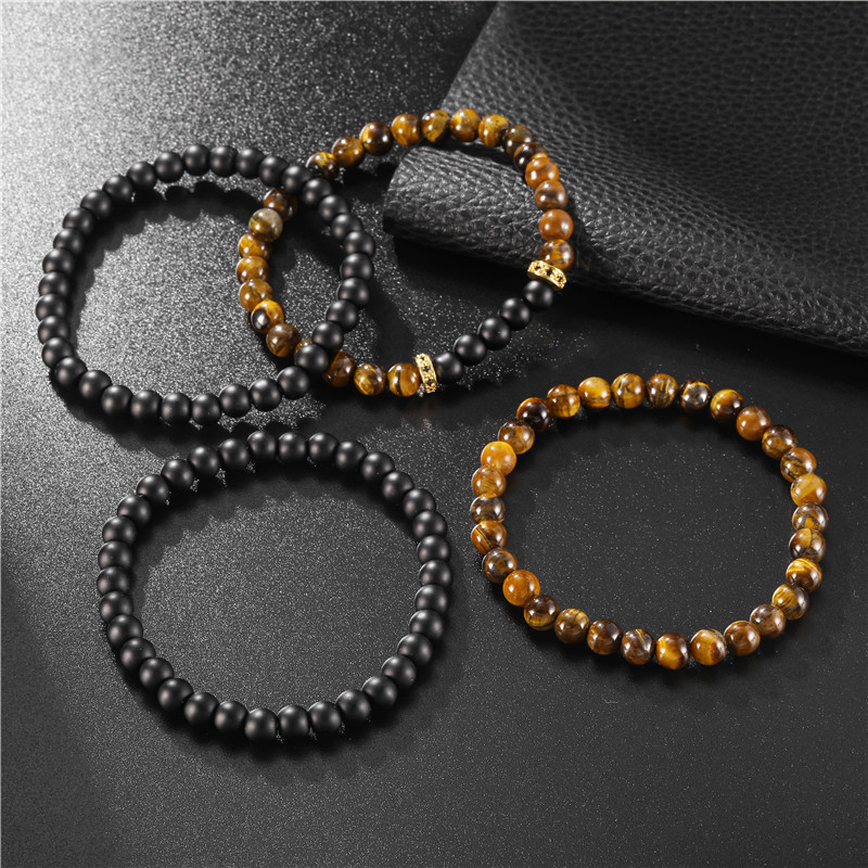 Nihaojewelry 6mm Tiger's Eye Black Frosted Septa Diamond Ring Elastic Four-piece Bracelet Set Men display picture 1
