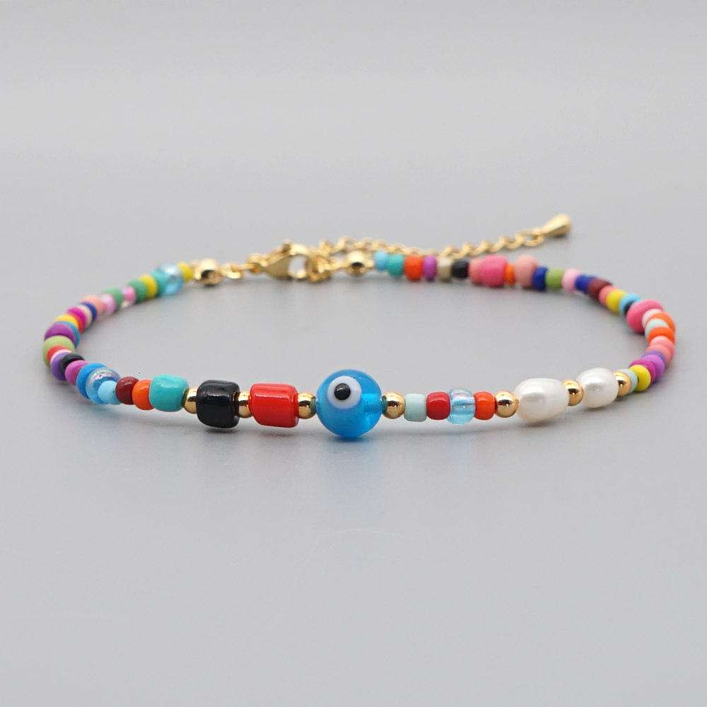 Bohemian Ethnic Style Eye Beads Rainbow Rice Beads Baroque Natural Freshwater Pearl Anklet Women display picture 16