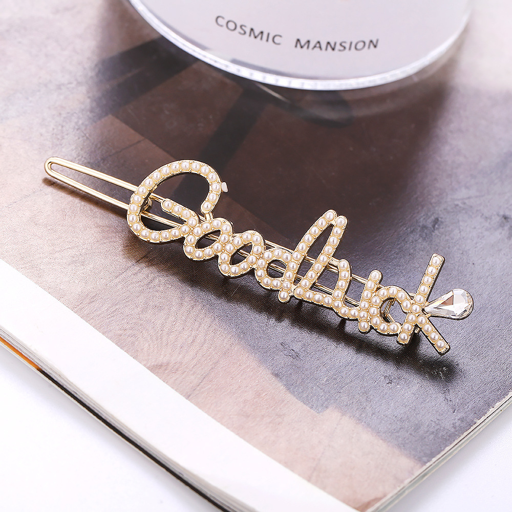 Corea del Sur Dongdaemun popular tocado elegante luz de lujo perla horquilla accesorios pelo aleación diamante rhinestone letra horquilla