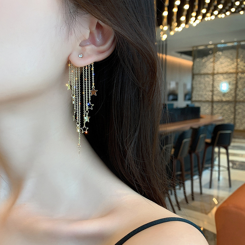 Light Luxury Elegant Exaggerated Long Star Tassel Earrings Korean Style Internet Celebrity Elegant Exaggerated Big Ear Studs Women's 925 Silver Needle