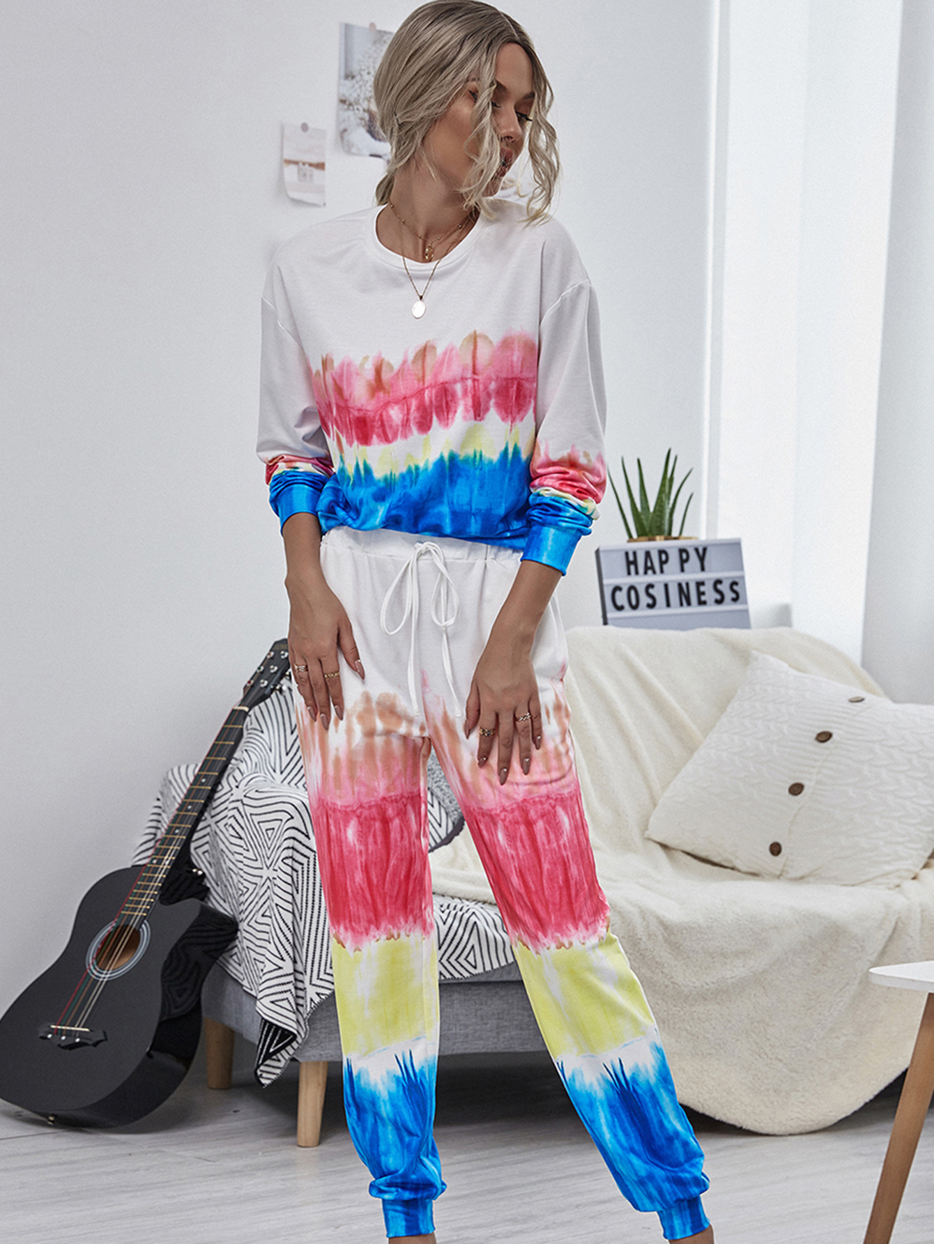 hot style printed tie-dye sweater women's long-sleeved round neck pullover sweater set NHDF88