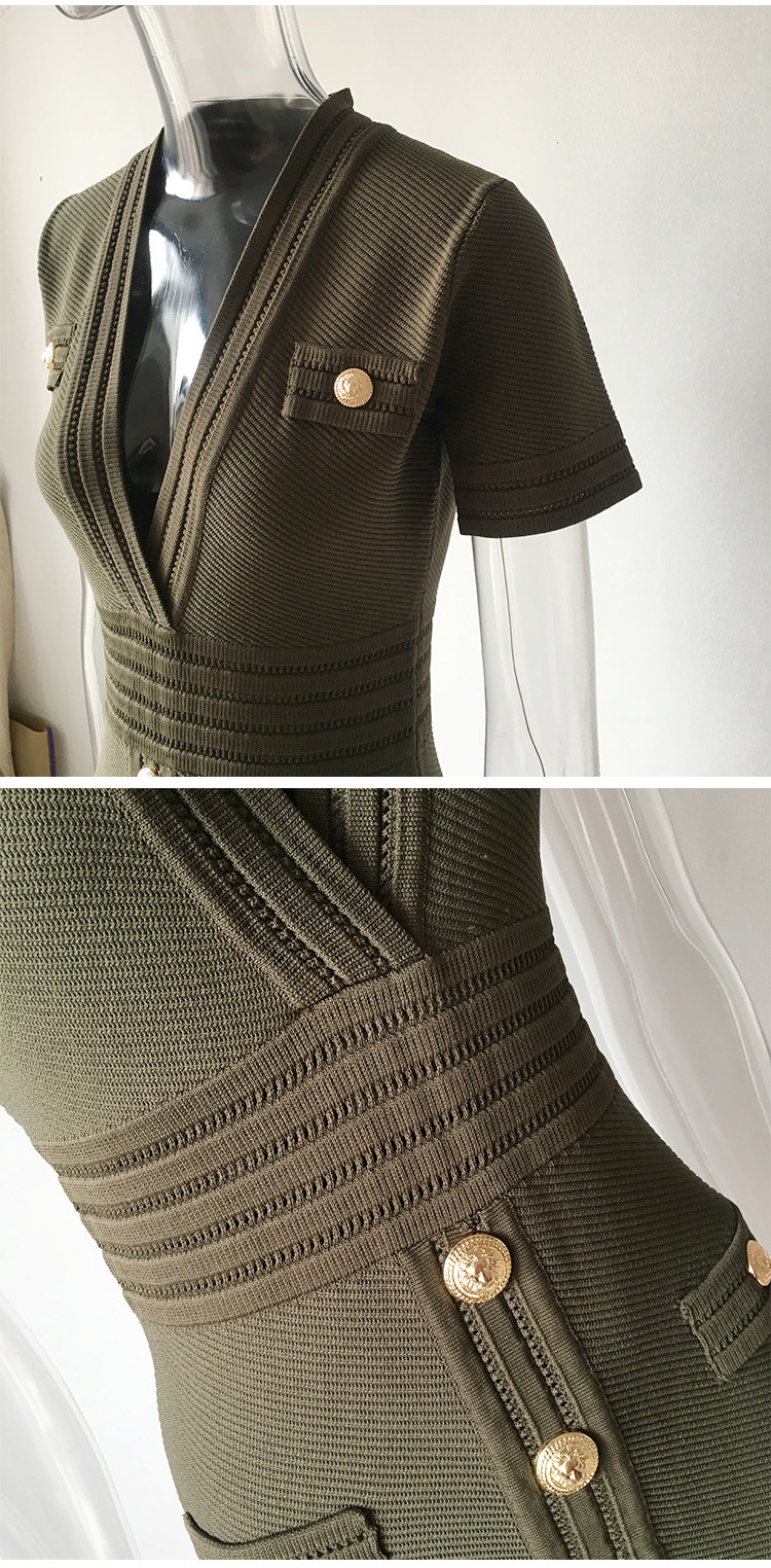 Spring Knitted Short Sleeved V neck Dress Sheath Army Green Black Texture