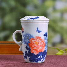 景德镇茶杯马克杯陶瓷带盖办公室会议水杯家用青花瓷单个泡茶杯子