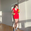 Red sexy V-neck short sleeve lace up hip dress thin slim slim slim skirt