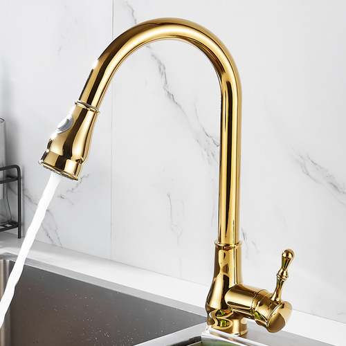 All-copper gold kitchen faucet pull-out sink faucet hot and cold household telescopic rotating sink faucet
