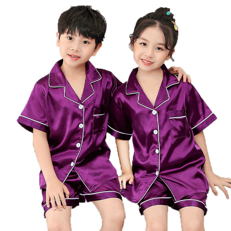 (2개) 2020 소년과 소녀를위한 반팔 잠옷 솔리드 컬러 모조 실크 카디건 옷깃 아동복 캐주얼 실크 정장