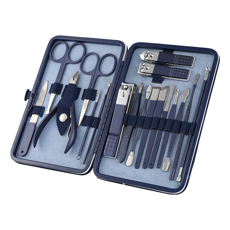 不锈钢蓝色修甲刀指甲剪18件套 指甲钳修脚刀美甲工具美容套装