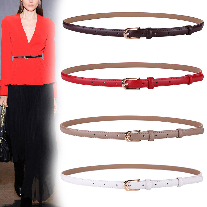 Fashionable all-match black cowhide thin belt Women's decorative dress simple Korean style suit white small belt