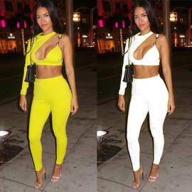 B9851 欧美性感女装速卖通亚马逊单肩不对称袖型纯色两件套