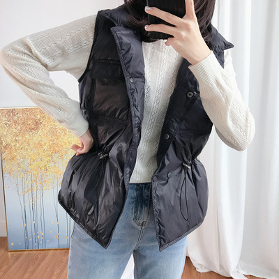 反季2021新款女式雙翻袋抽繩羽絨服馬甲韓版網紅坎肩背心立領馬夾