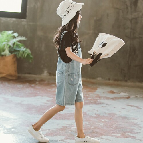 Girls Suit Summer Fashion Korean Printed Short Sleeve T-Shirt Denim Overalls Shorts Two-piece Set  Children's Clothing