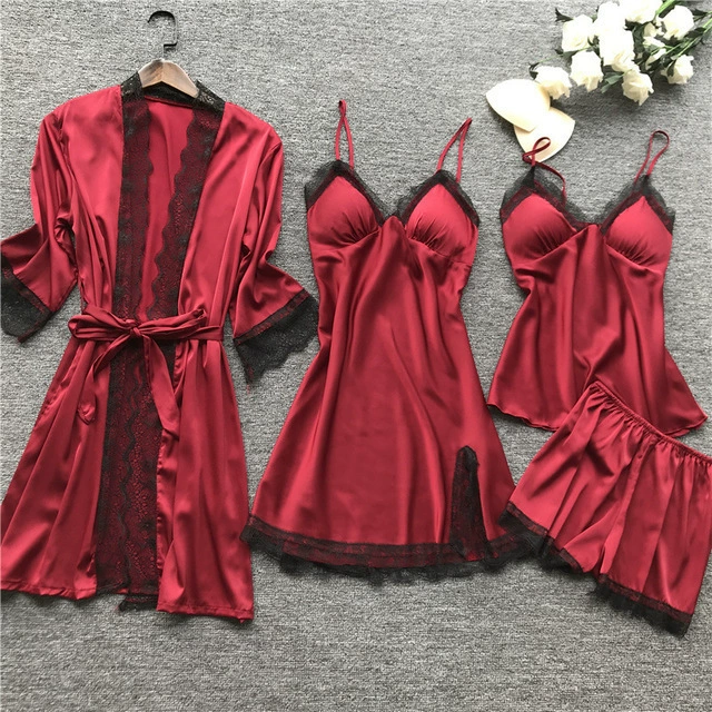 午夜魅力 Sexy summer pijama, set, top with cups, 4 piece set, Korean style, lifting effect