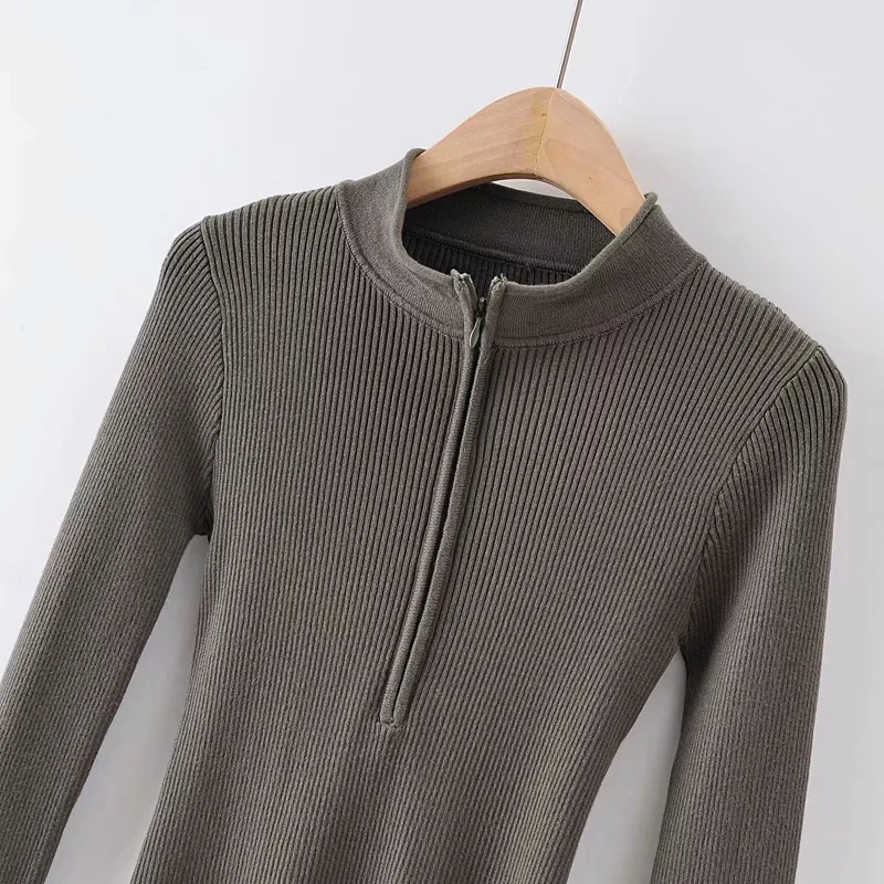 zipper stand collar solid color sweater NSAC31660