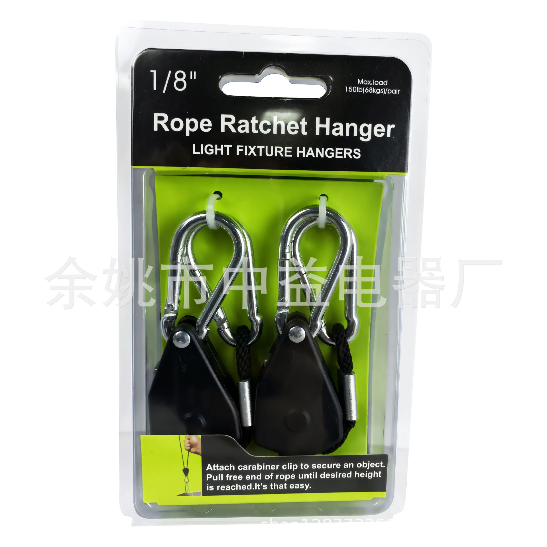 En stock, disponible al por mayor incluso para una sola unidad: Cuerda de suspensión ajustable de 1/8 para lámparas LED con rueda metálica y tensor de trinquete de plástico.
