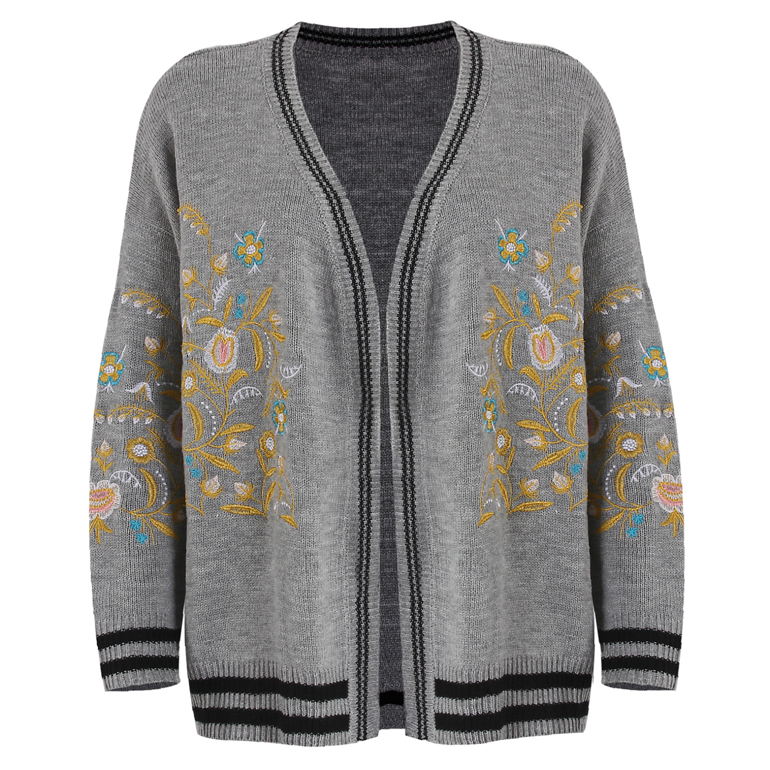 abrigo de suéter de manga larga con cuello en V y bordado informal NSMY32855