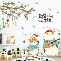 Small fresh guitar cat wall stickers sofa bedroom background stickers dormitory decoration self-adhesive wallpaper cute animal stickers
