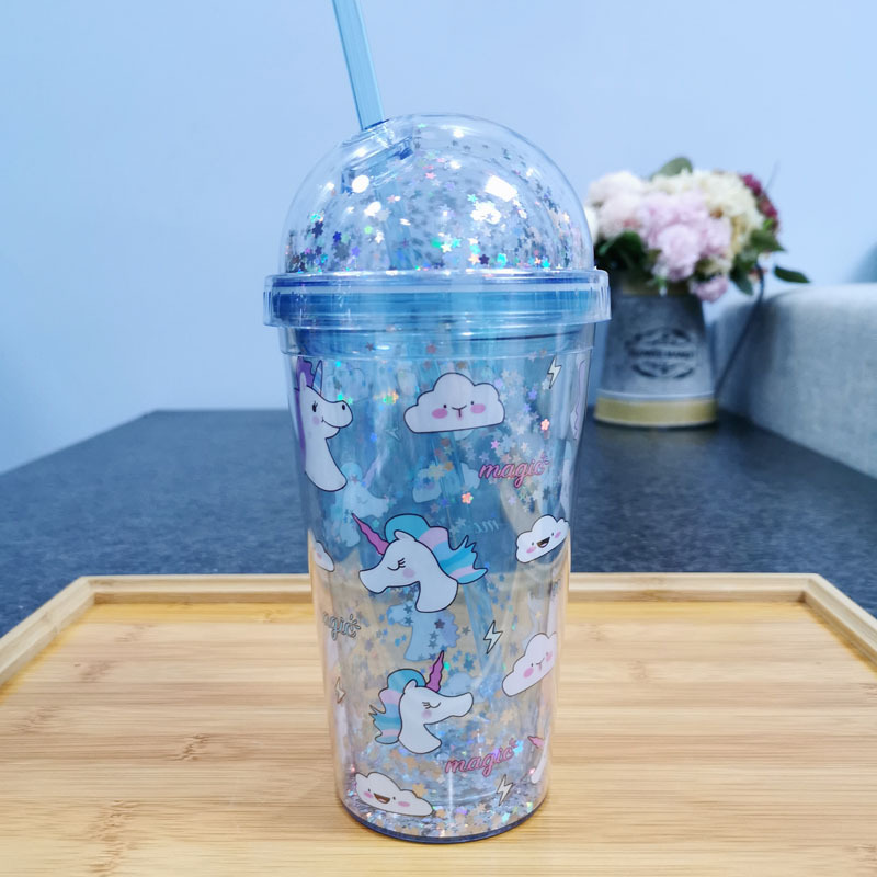 Taza de agua directa de fábrica patrón personalizado unicornio taza ins chica corazón doble capa taza de paja de plástico taza