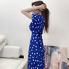 V-neck wave point high waist slim tie waist mid length dress