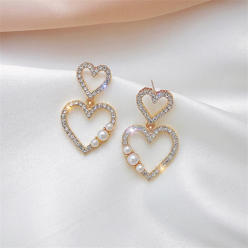 925 Aguja De Plata Moda Coreana Diamante Completo Doble Amor Melocotón Hueco Corazón Perla Nuevos Pendientes De Moda display picture 6