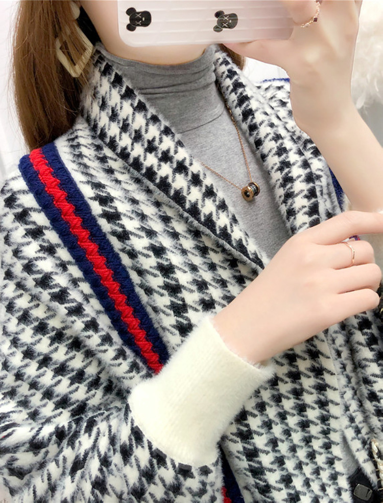 千鸟格貂绒带袖披肩