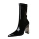 3128-13 European and American fashion bright leather boots metal thick heel high heel pointed tip sexy club short boots