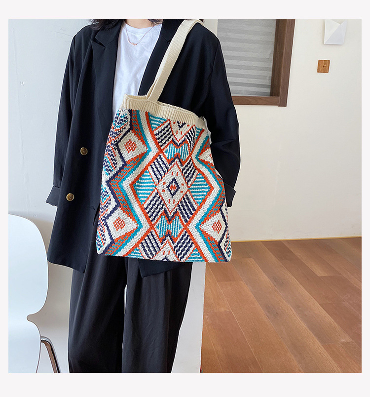Shopping Occasion Knit Material Women's Backpack Backpack Women's Ethnic Style Color Block Knit Shopping Bags