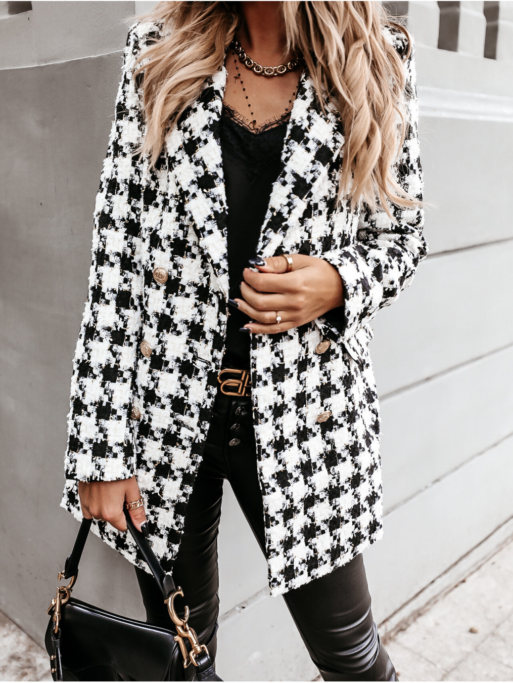 Women's Streetwear Houndstooth Plaid Printing Patchwork Single Breasted Woolen Coat display picture 3