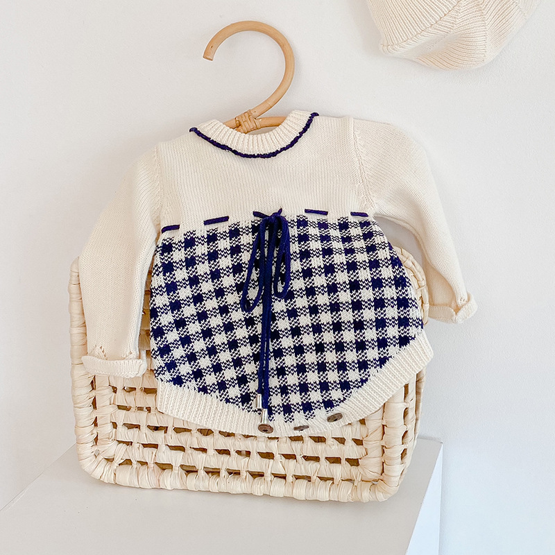 Instagram Primavera e Autunno Abbigliamento Bambina Neonata Tuta in Maglia a Quadri Borsa Farewell Sweetheart Triangolo_voghion.com