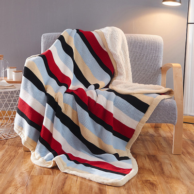 全棉羊羔绒条纹盖毯 春秋懒人针织绒毯 家具软装配饰 拍照道具
