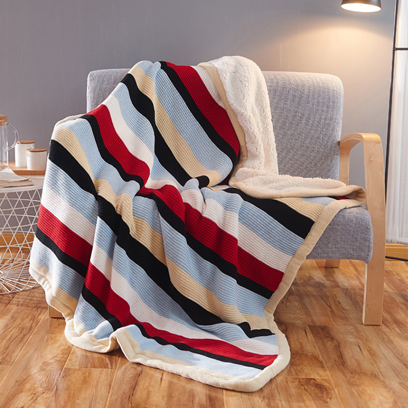 全棉羊羔绒条纹盖毯 春秋懒人针织绒毯 家具软装配饰 拍照道具