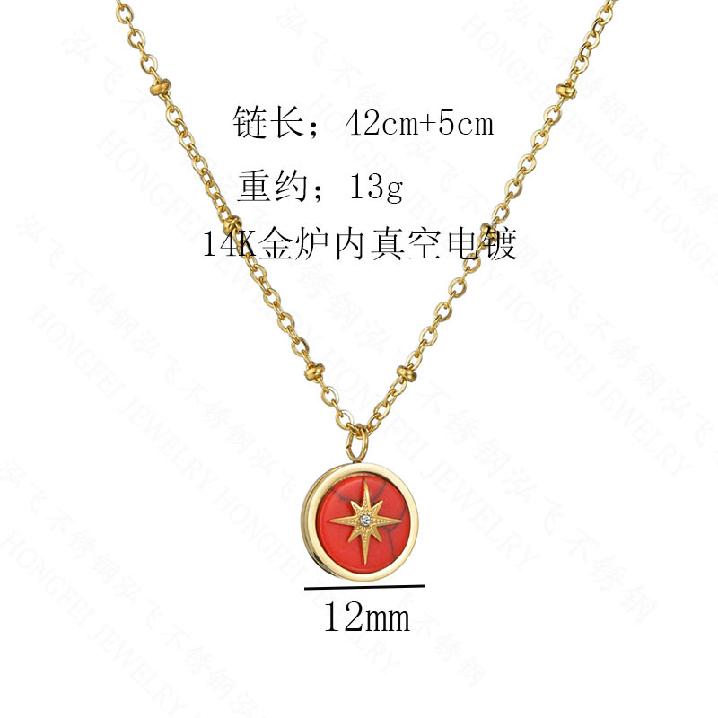 Ins Retro Hong Kong Stil Mode Temperament 14k Gold Zirkon Sechs Zackige Stern Halskette Titan Stahl Runde Marke Knopf Kompass Halskette display picture 1